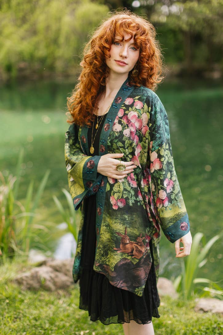 The Daydreamer Matinée Duster Kimono w/ Florals & Rabbits