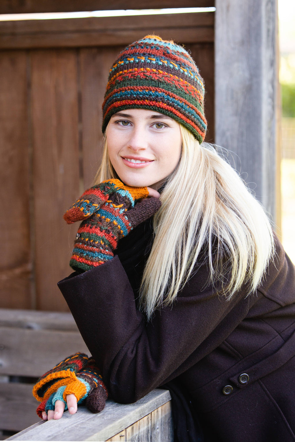 Navika Wool Beanie Hat with Embroidered Stripes: Santa Fe