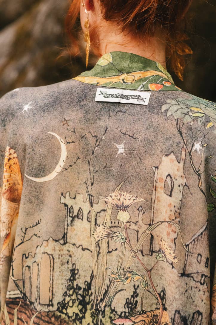 Woodland Wisdom Matinée Duster Kimono w/ Florals, Fox & Owl