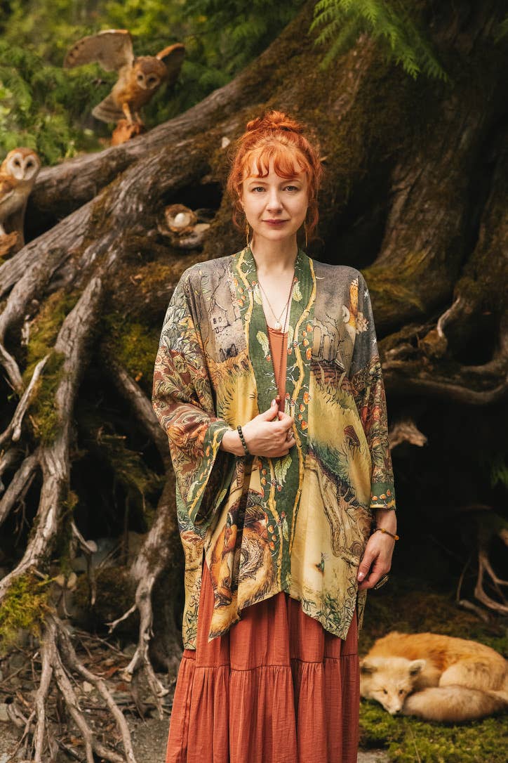 Woodland Wisdom Matinée Duster Kimono w/ Florals, Fox & Owl