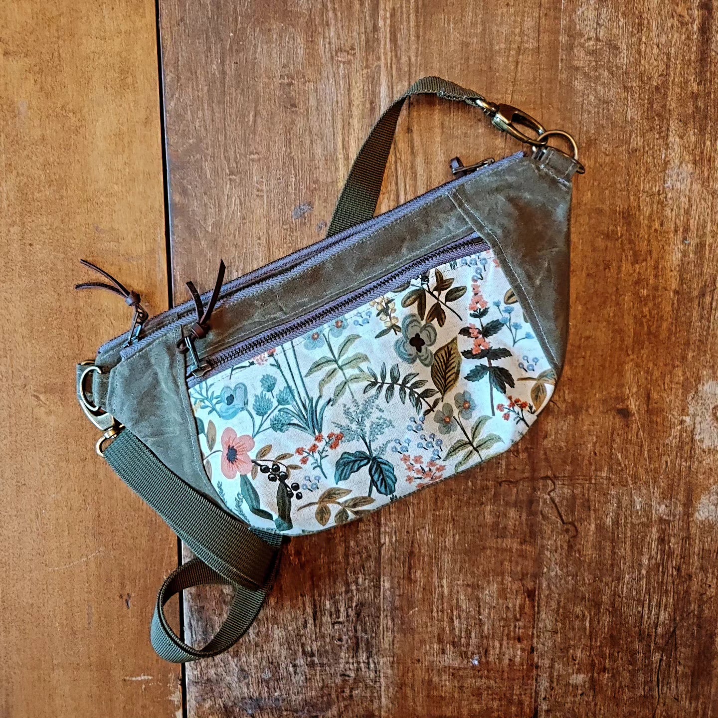 Large Capacity Belt Bag in Olive Waxed Canvas and Floral Print