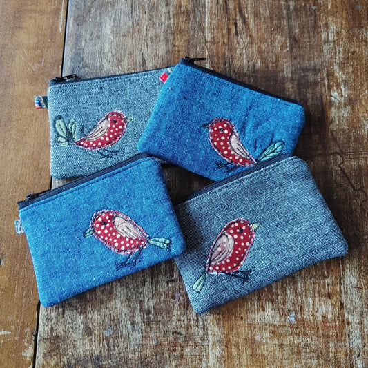 Card Pouch with Bird Embroidery. Handmade in Canada