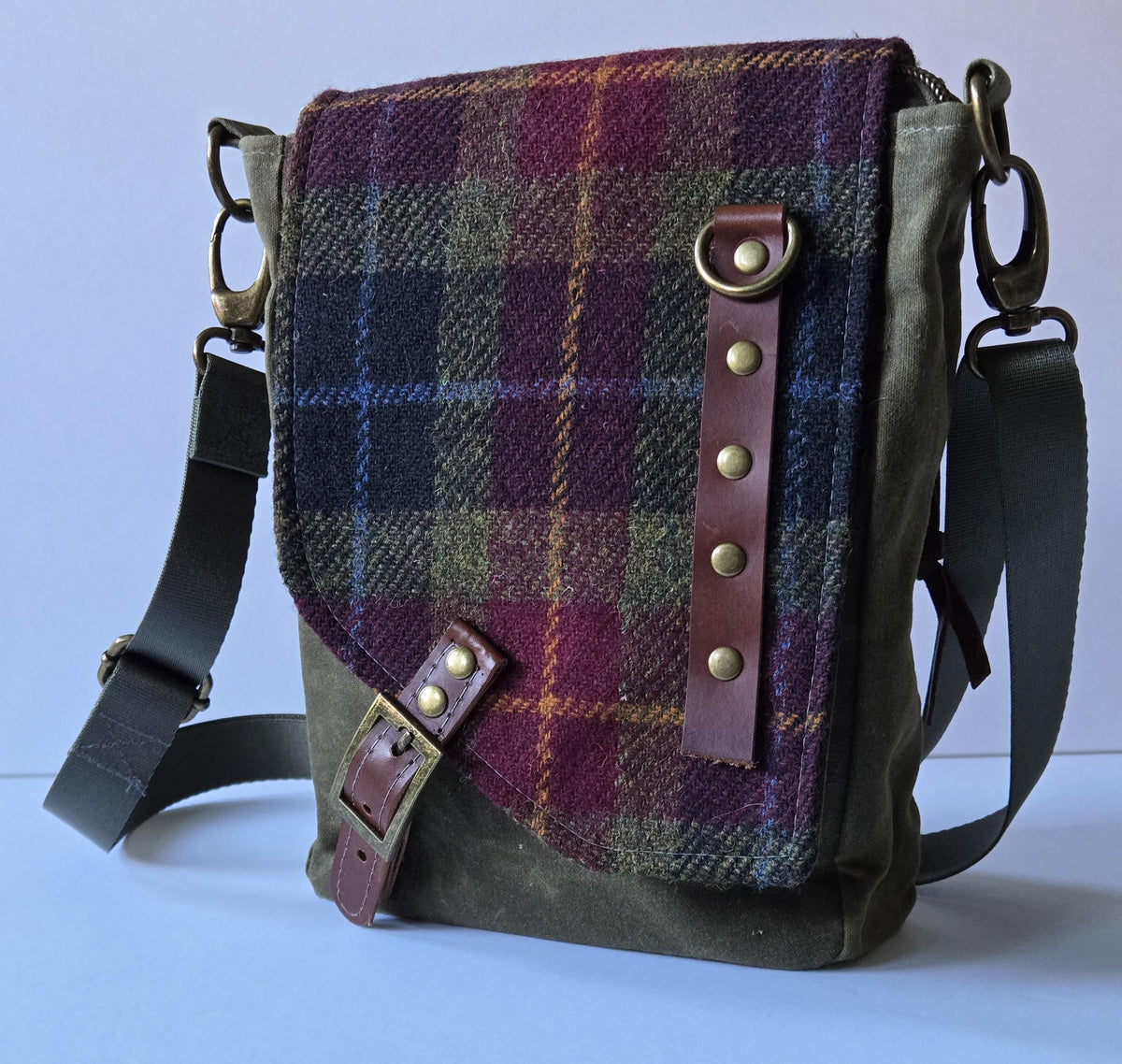 A Rugged Satchel in Waxed Canvas and Harris Tweed