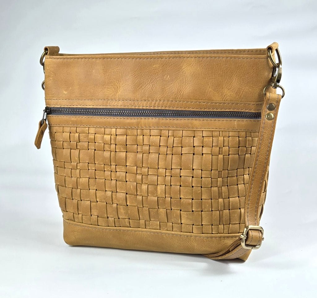 Nova Handbag in Mustard  Leather with Handwoven Panel