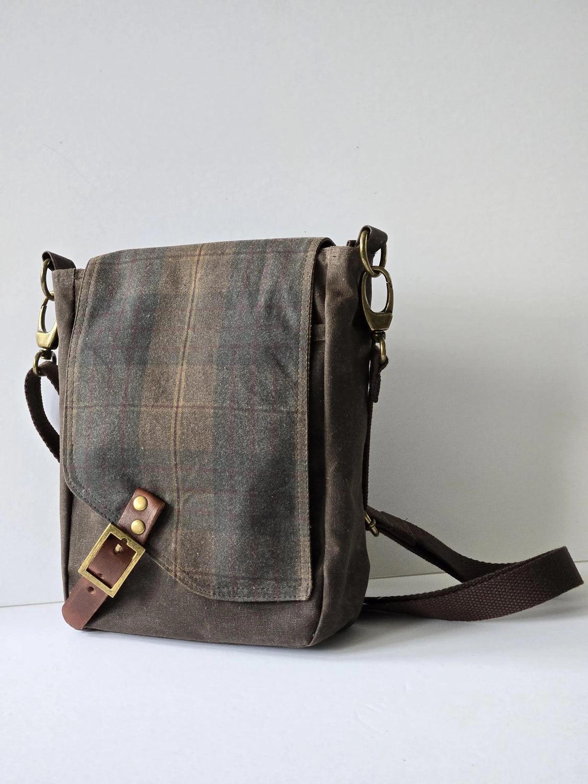 A Rugged Satchel in Waxed Canvas and Harris Tweed