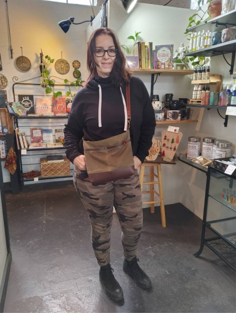 Starling Handbag in Leather and Waxed Canvas with Forest Fable Rabbit Print Panel