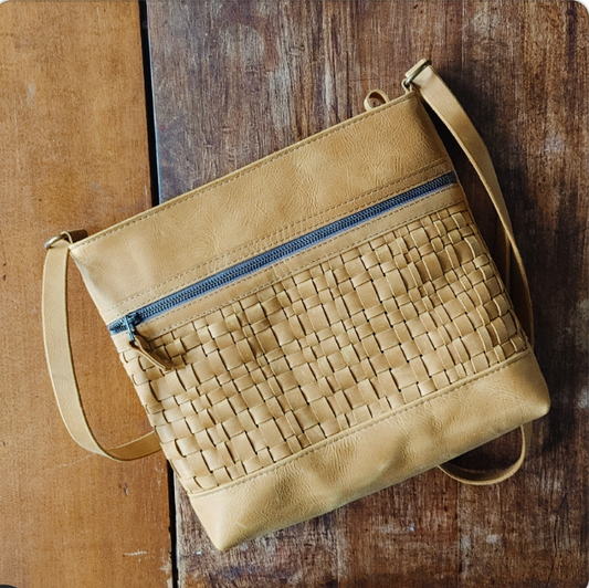 Arwen Handbag in Mustard  Leather with Handwoven Panel