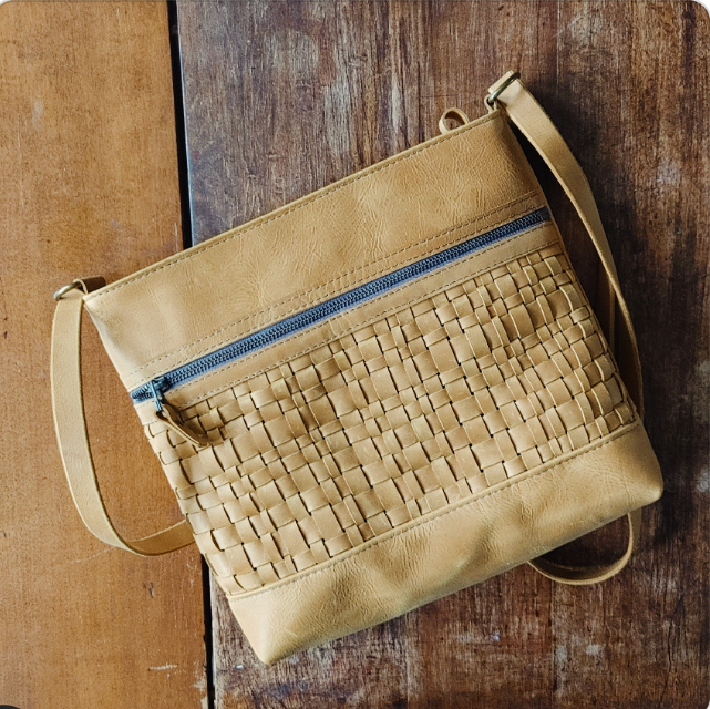 Nova Handbag in Mustard  Leather with Handwoven Panel