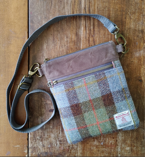 A Sparrow Crossbody in Waxed Canvas and Harris Tweed