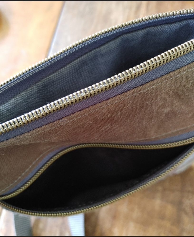 A Sparrow Crossbody in Waxed Canvas and Harris Tweed