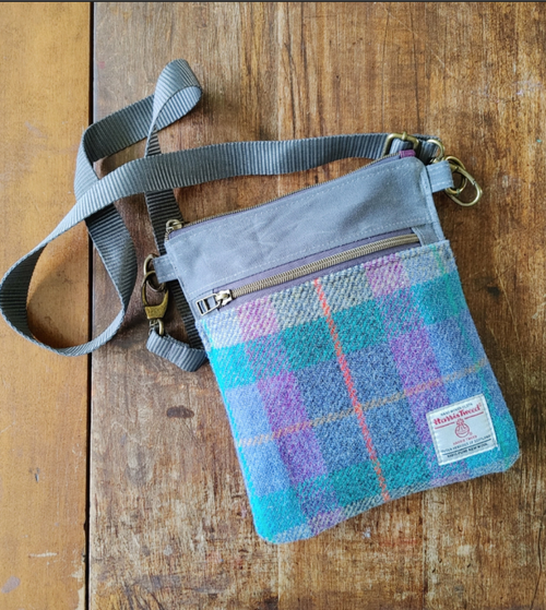 A Sparrow Crossbody in Waxed Canvas and Harris Tweed