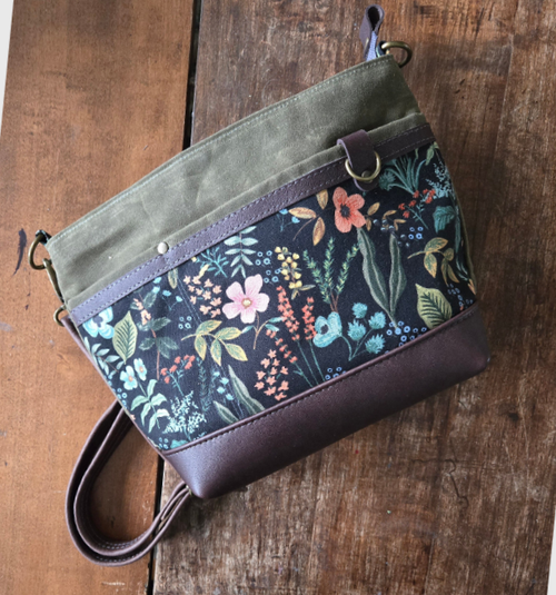 A Starling Handbag in Leather and Waxed Canvas with Floral