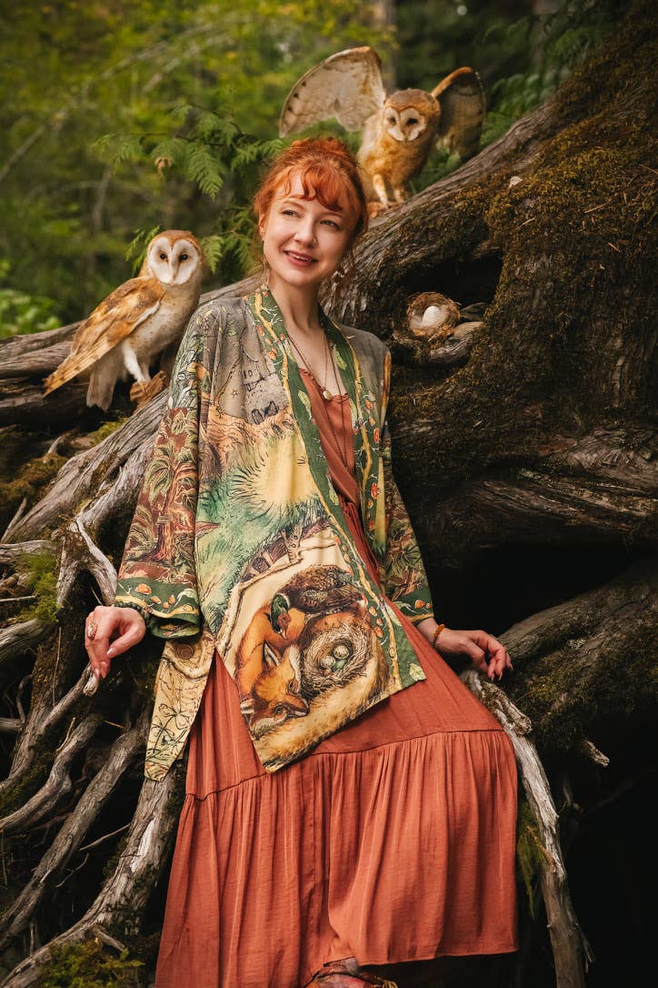 Woodland Wisdom Matinée Duster Kimono w/ Florals, Fox & Owl