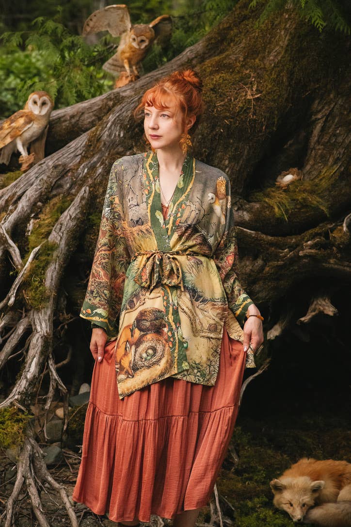Woodland Wisdom Matinée Duster Kimono w/ Florals, Fox & Owl
