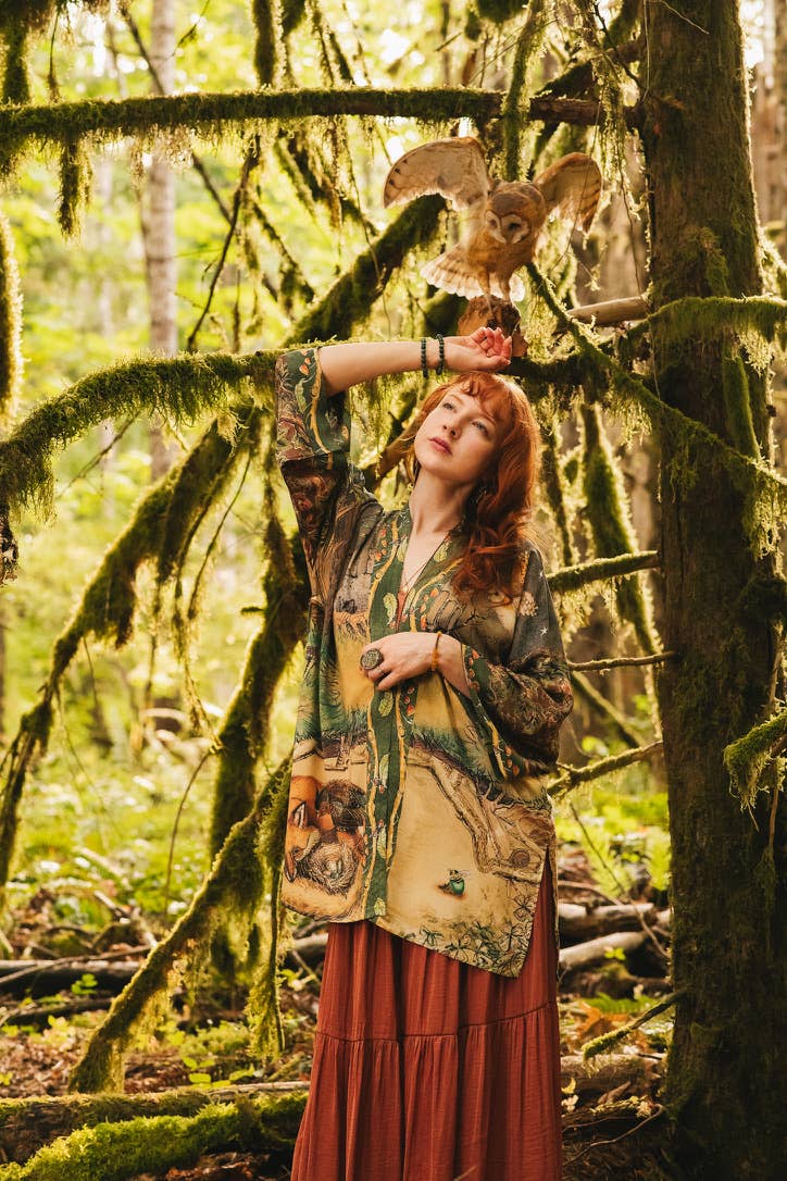 Woodland Wisdom Matinée Duster Kimono w/ Florals, Fox & Owl