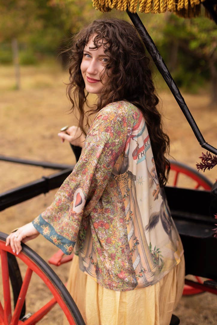 Love Revolution Pixie Crop Kimono w/ Sun, Horse & Florals