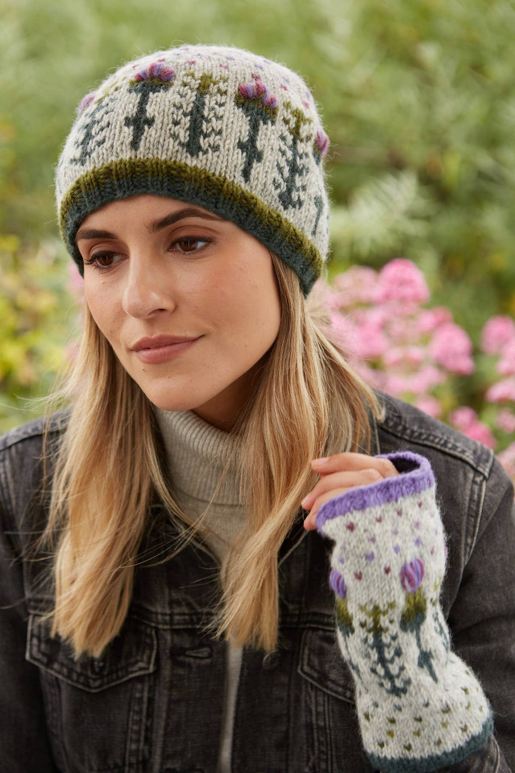 Scottish Thistle Knit Beanie Grey Wool Floral Hat: One Colour