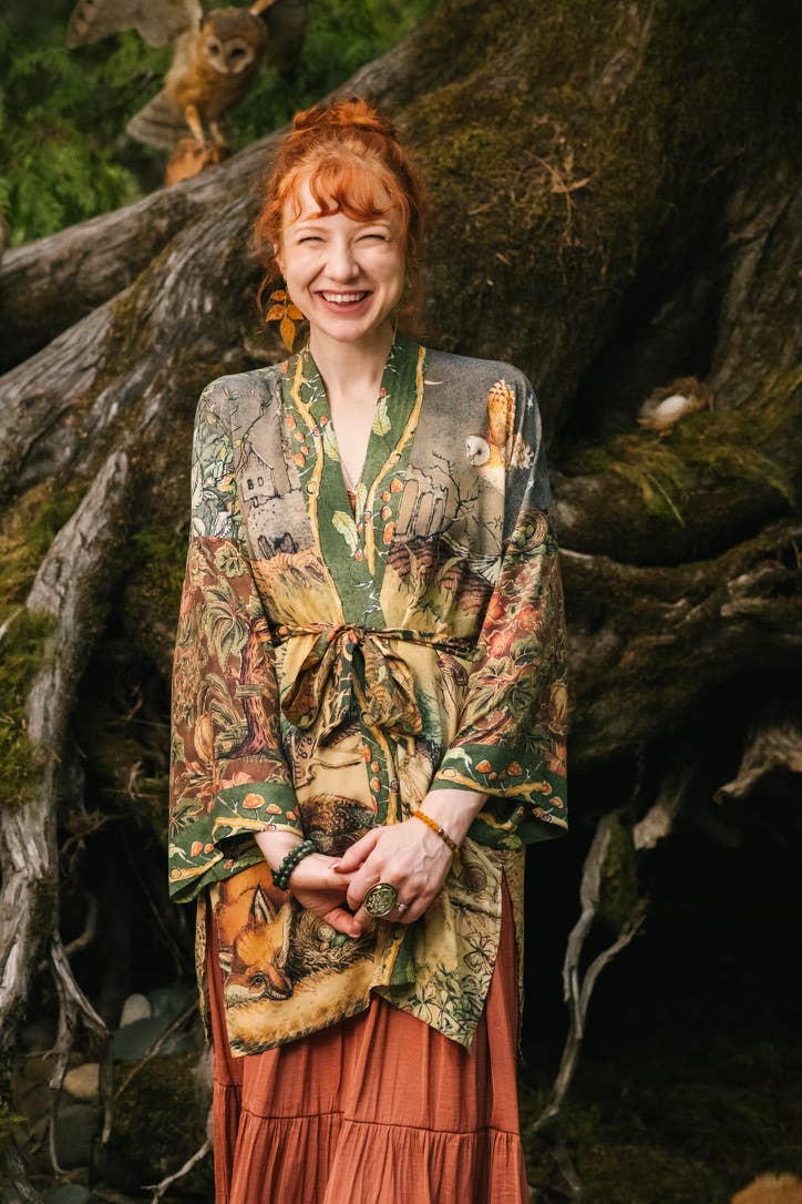 Woodland Wisdom Matinée Duster Kimono w/ Florals, Fox & Owl