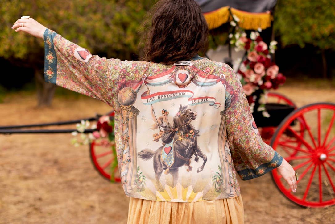 Love Revolution Pixie Crop Kimono w/ Sun, Horse & Florals
