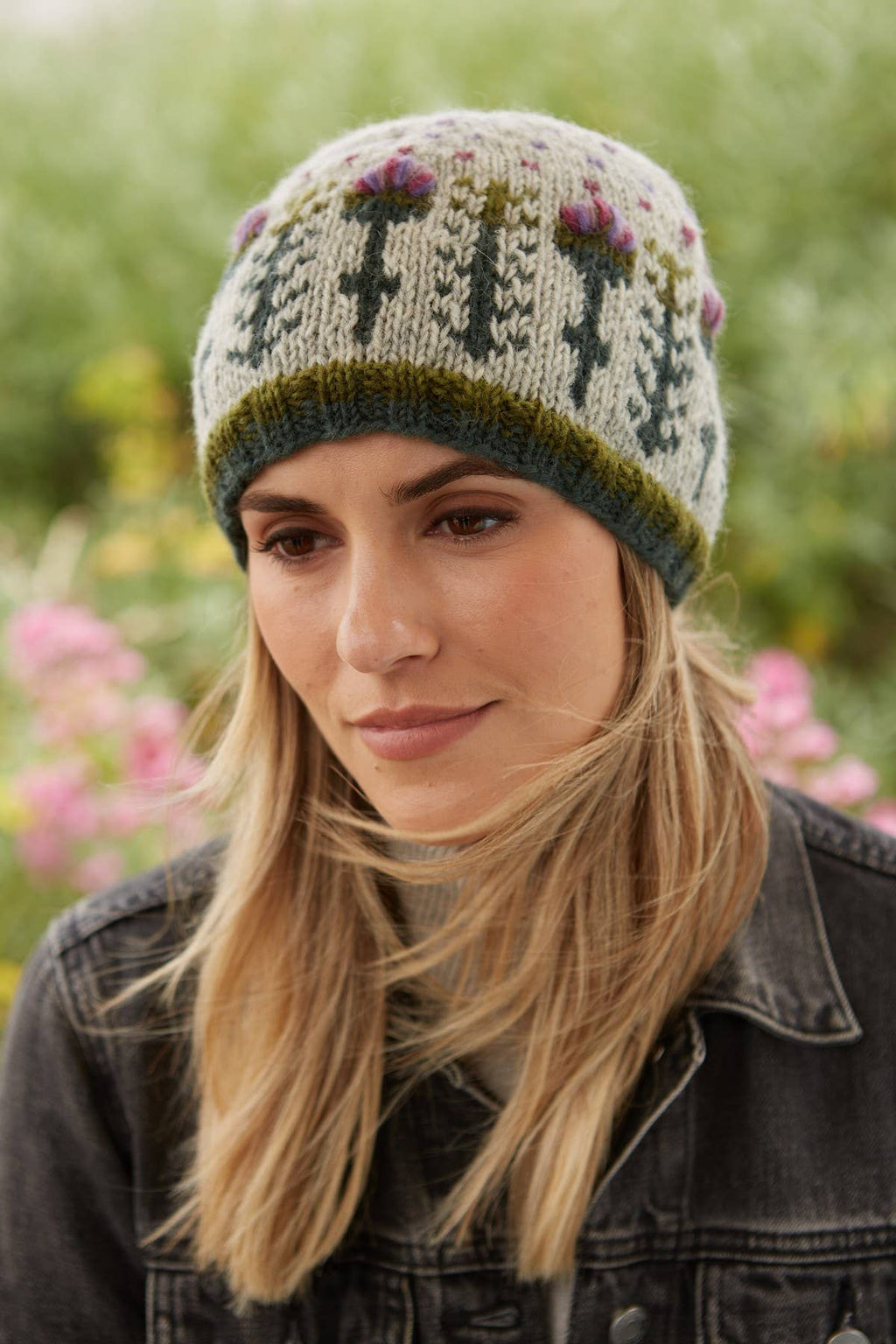 Scottish Thistle Knit Beanie Grey Wool Floral Hat: One Colour