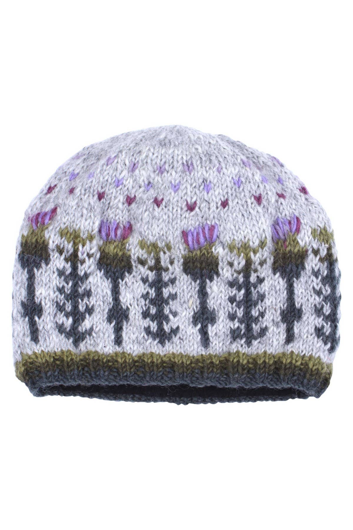 Scottish Thistle Knit Beanie Grey Wool Floral Hat: One Colour