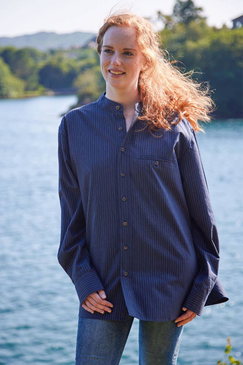 Grandad Shirt Comfort Cotton Navy/White Stripe