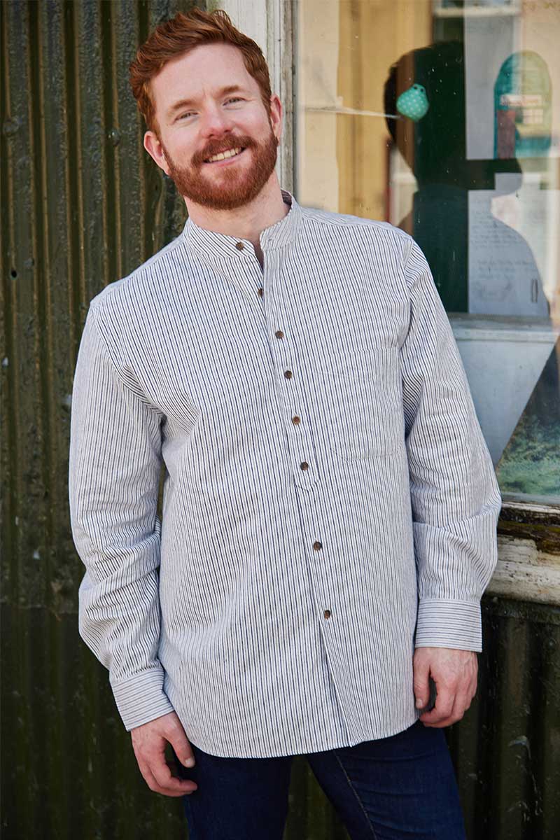 Grandad Shirt Vintage Cotton Dark/White Stripe
