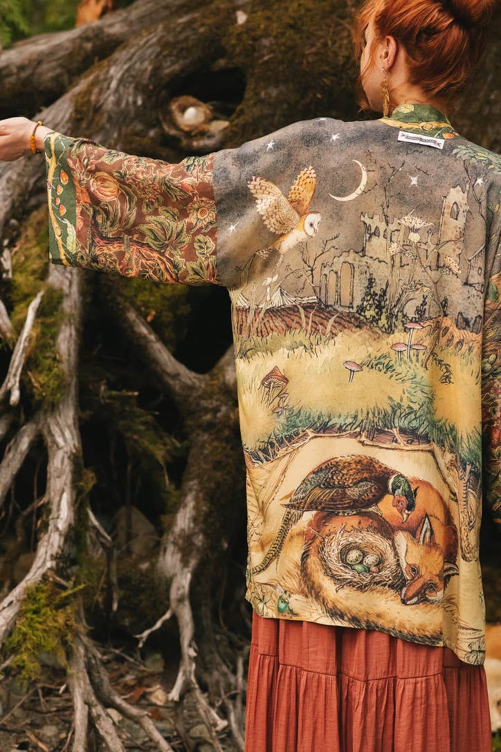 Woodland Wisdom Matinée Duster Kimono w/ Florals, Fox & Owl