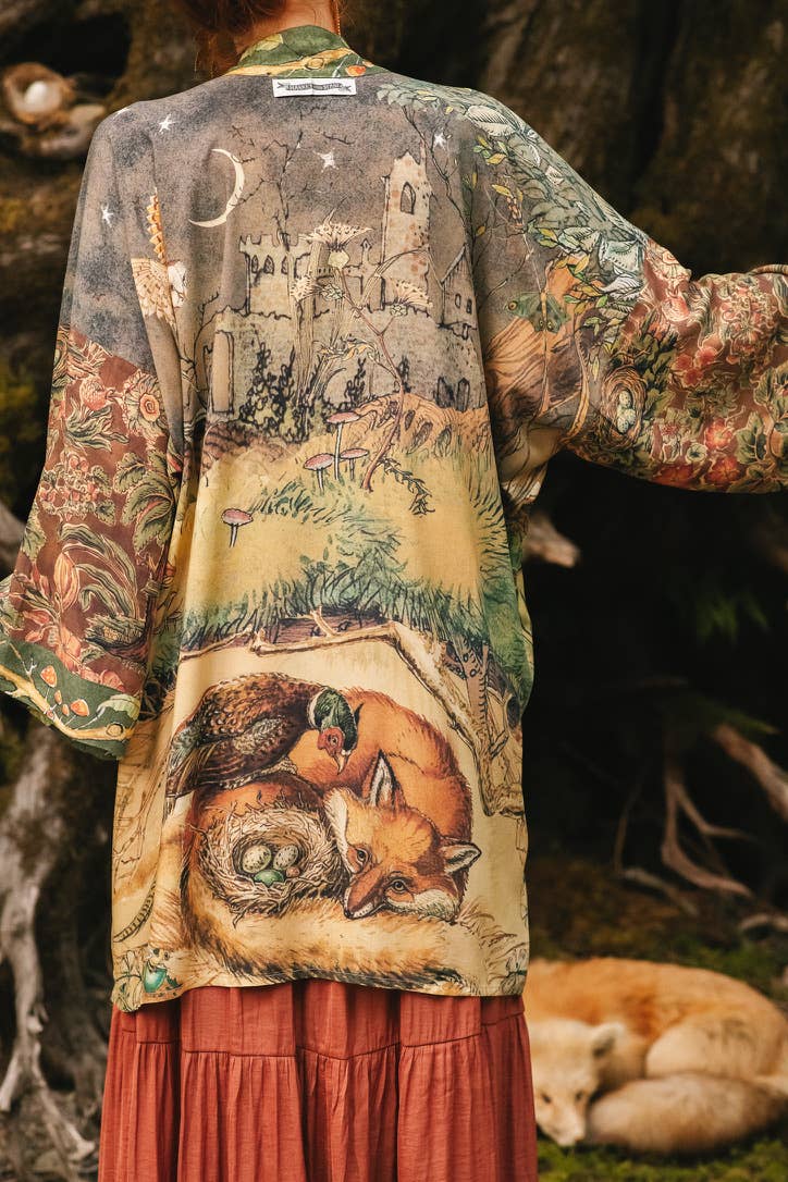 Woodland Wisdom Matinée Duster Kimono w/ Florals, Fox & Owl