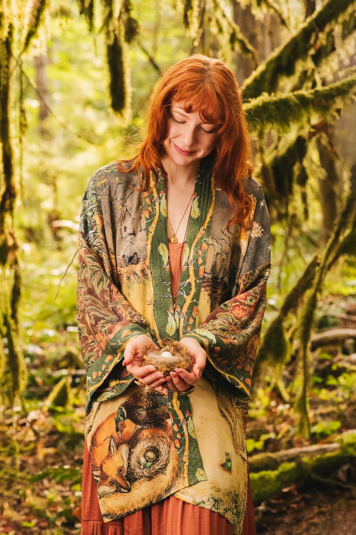 Woodland Wisdom Matinée Duster Kimono w/ Florals, Fox & Owl
