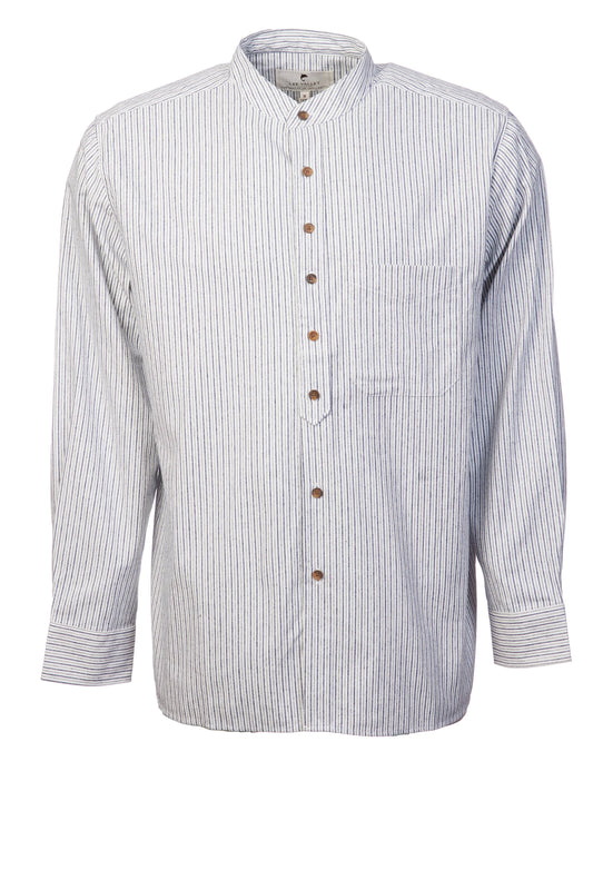 Blue and white striped linen shirt with a stand collar, sold in London, Ontario, shown on a white background. Shirt is for men or women.