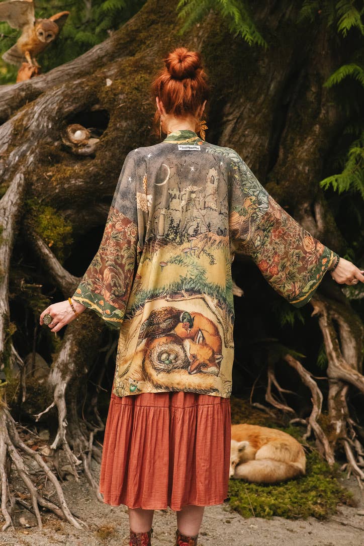 Woodland Wisdom Matinée Duster Kimono w/ Florals, Fox & Owl