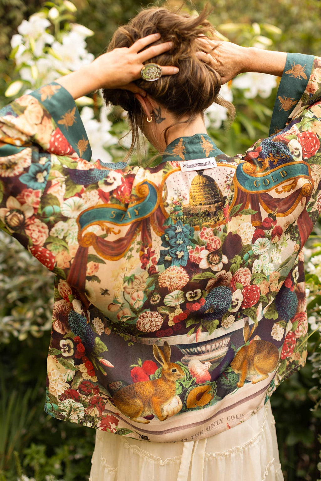 Stay Gold Pixie Duster Cropped Kimono w/ Rabbit, Bees