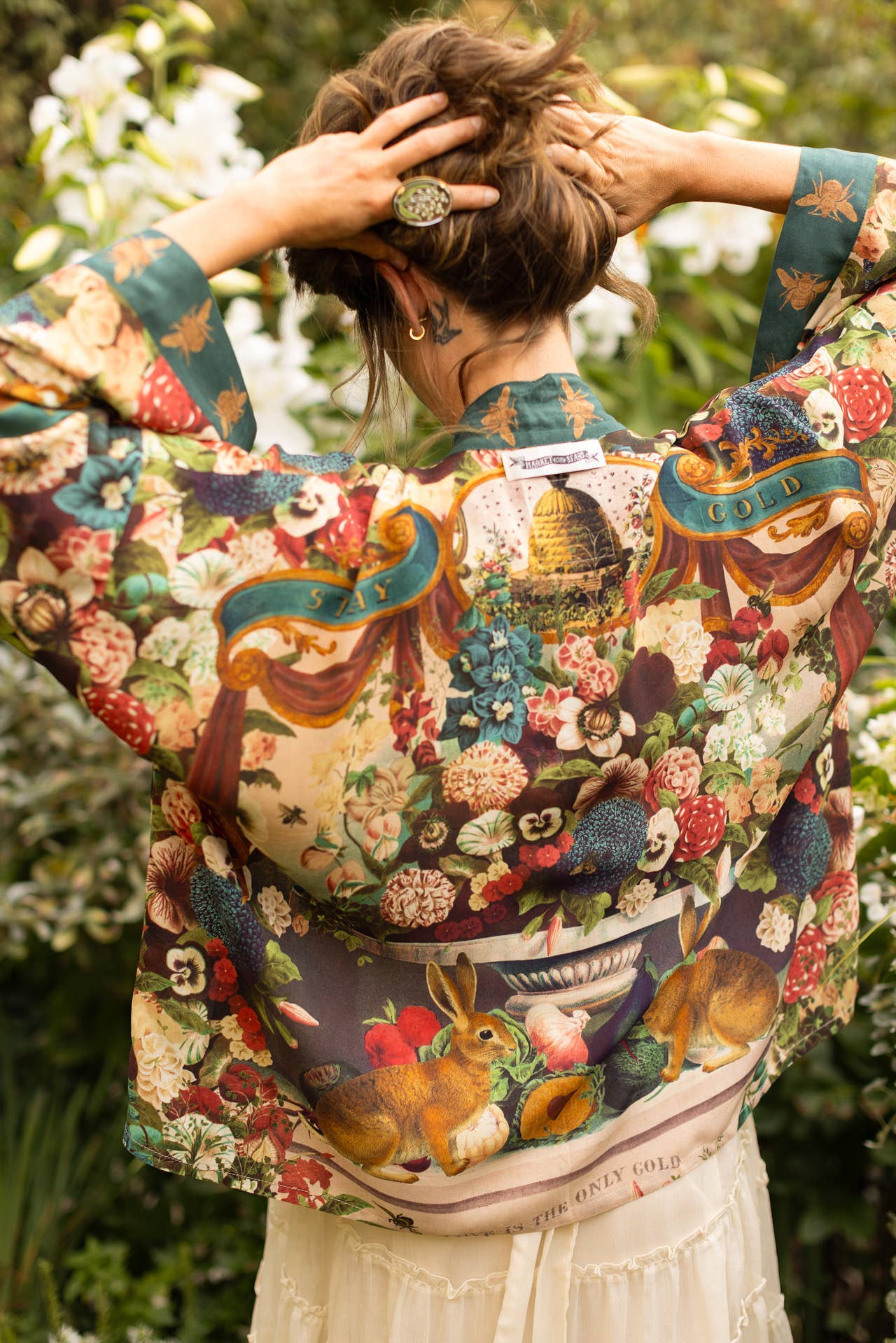Stay Gold Pixie Duster Cropped Kimono w/ Rabbit, Bees