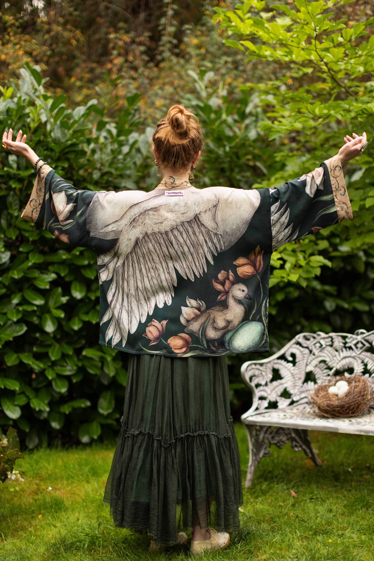 Under My Wing Pixie Duster Crop Kimono w/ swan & feathers