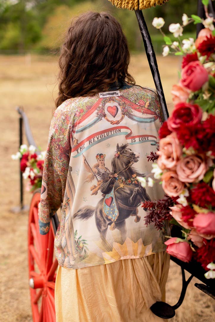 Love Revolution Pixie Crop Kimono w/ Sun, Horse & Florals