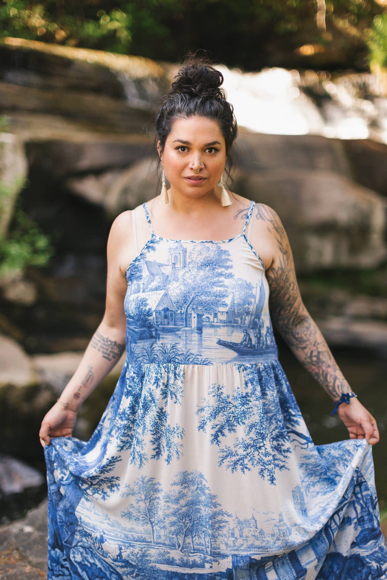 Let The Light In Bohéme Long Maxi Slip Dress w Delft Print: L/XL (fits approx. size 12-16)