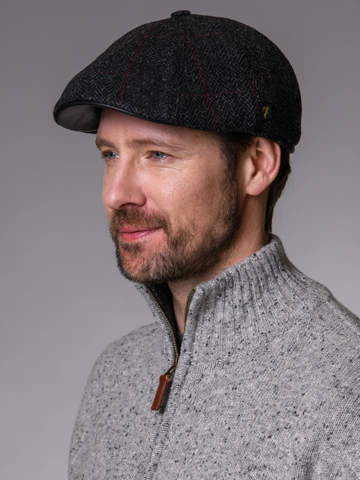 Killarney Pub Cap Charcoal and Black Check with Red