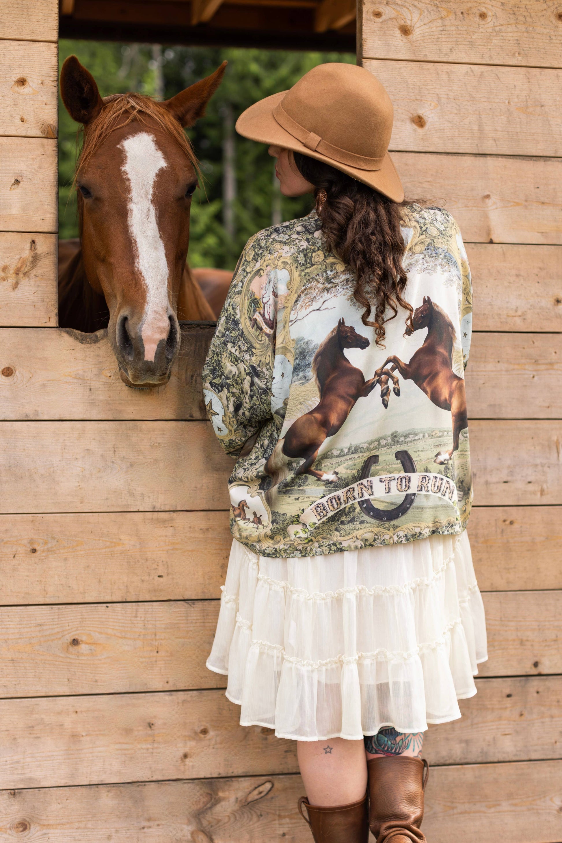 Born To Run Pixie Duster Crop Kimono w/ Wild Horse & Florals