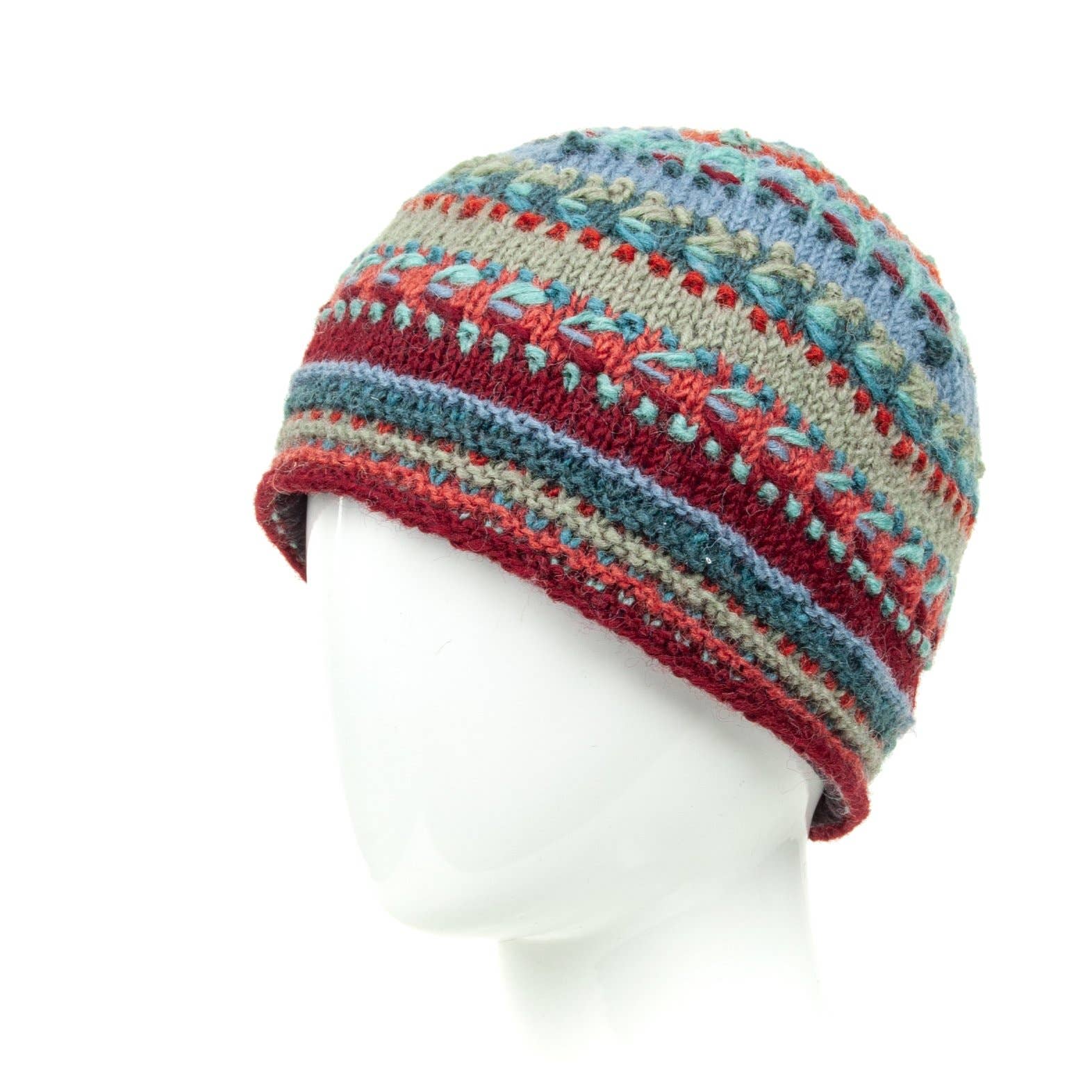Navika Wool Beanie Hat with Embroidered Stripes: Santa Fe