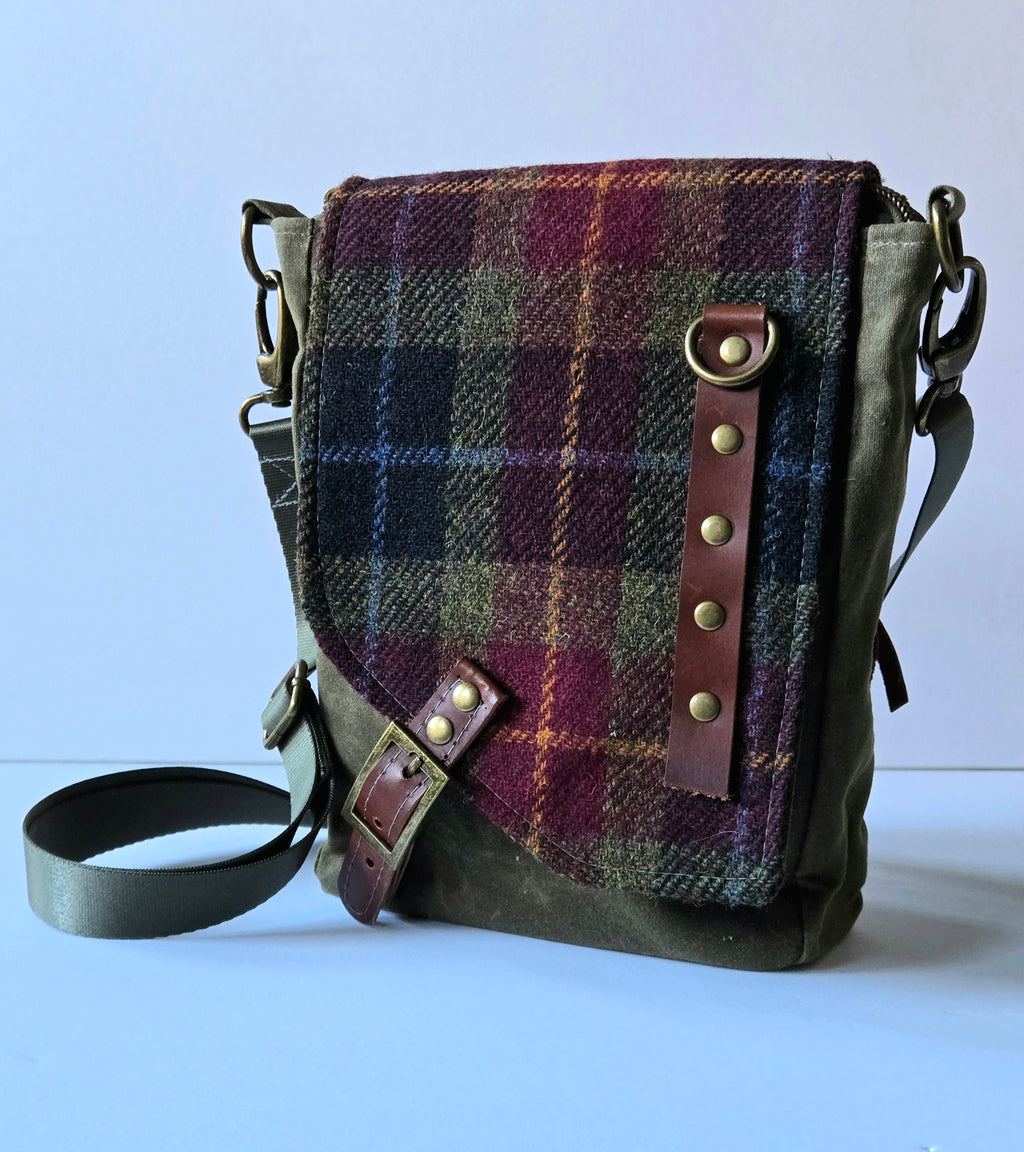 Rugged Satchel in Waxed Canvas and Harris Tweed