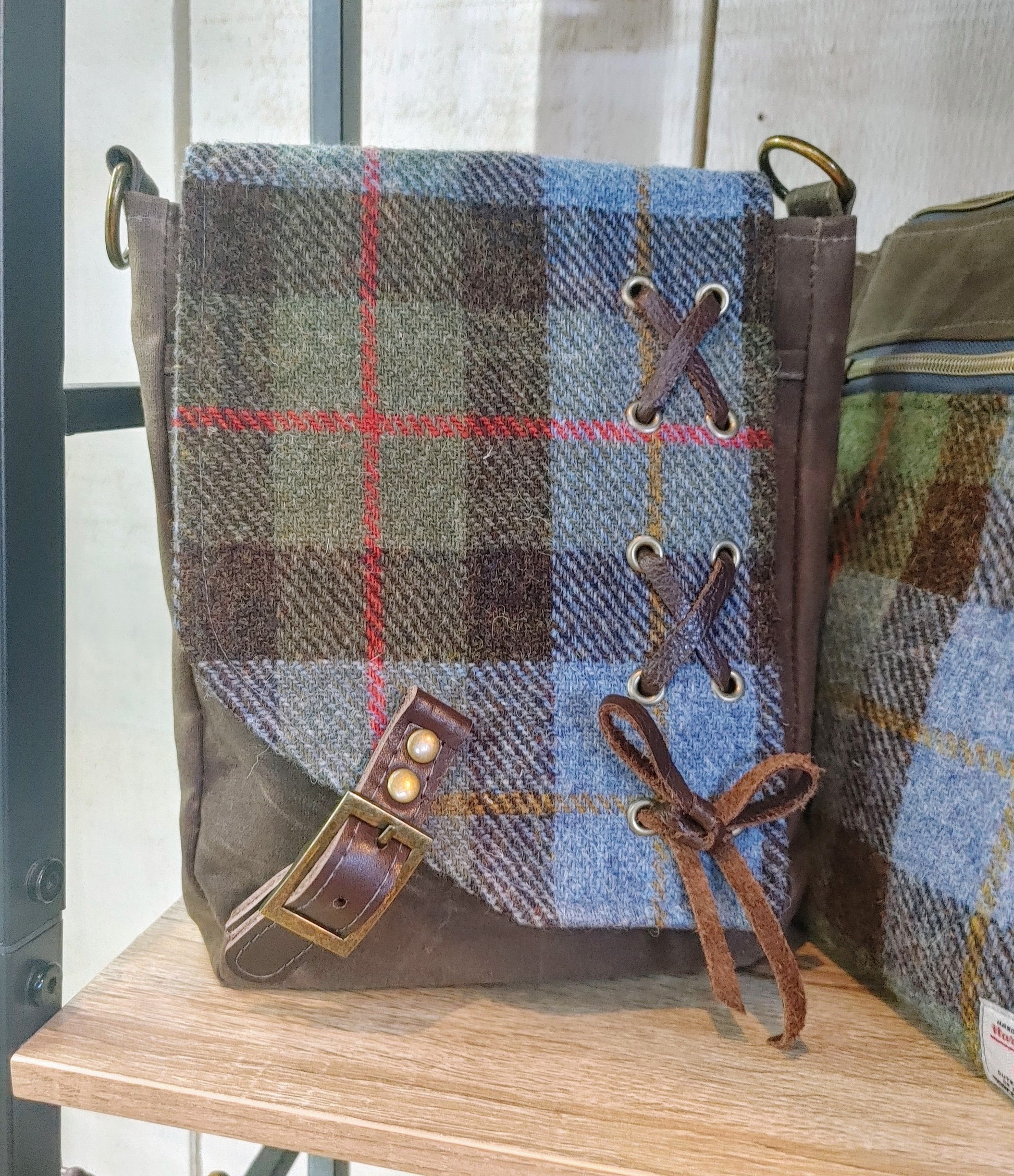 Rugged Satchel in Waxed Canvas and Harris Tweed