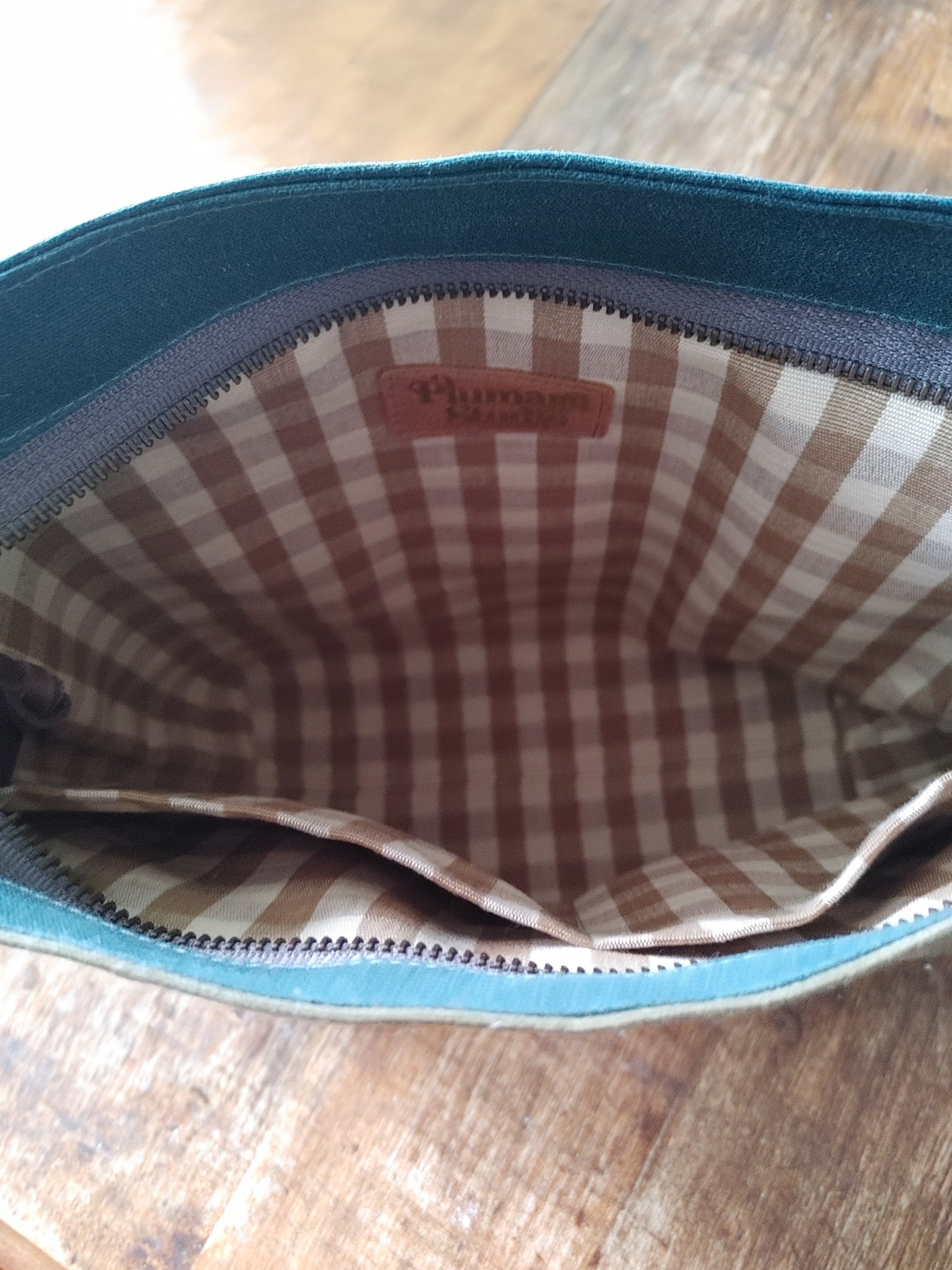 A Starling Handbag in Leather and Teal Waxed Canvas with Floral