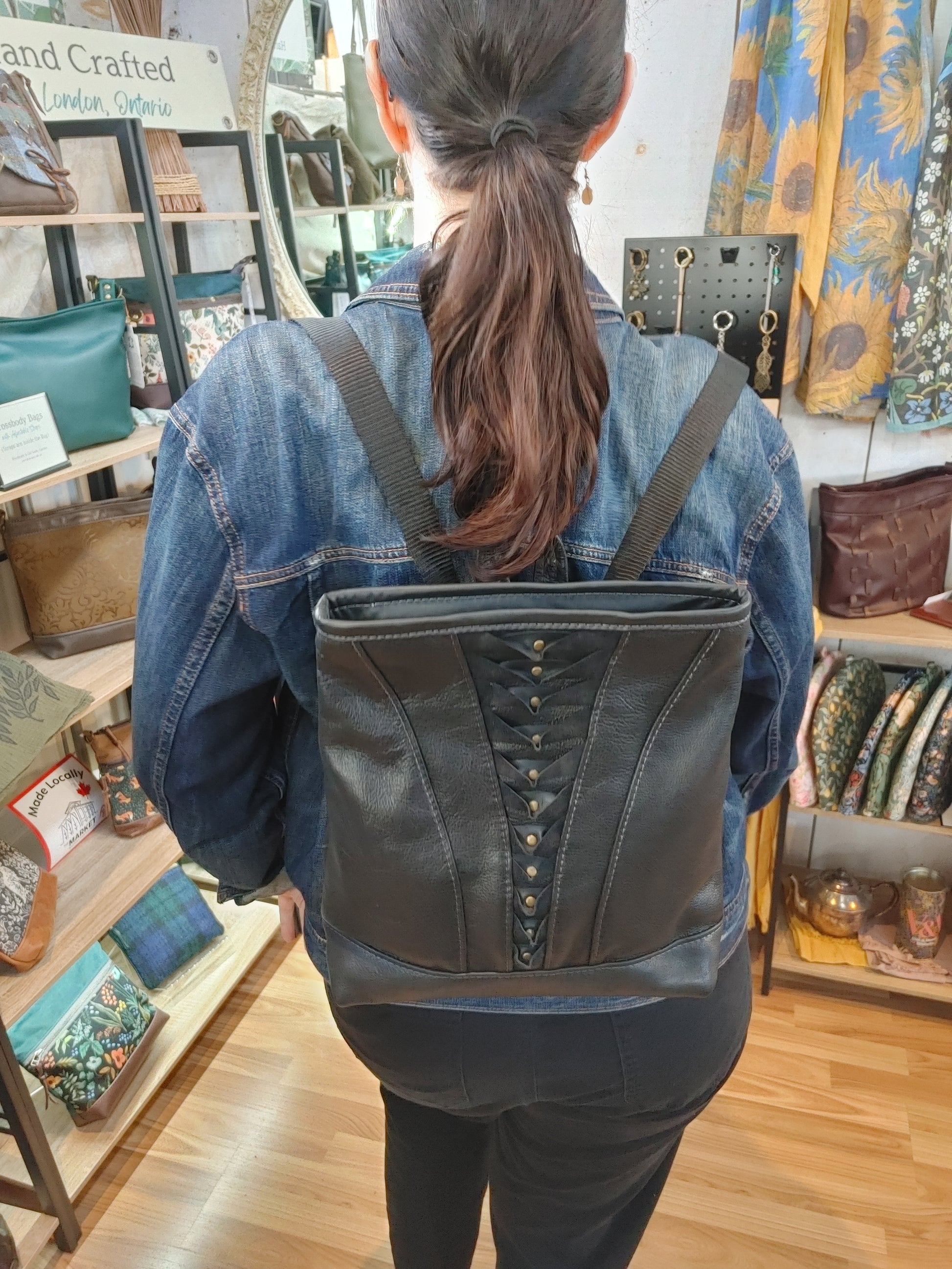 Convertible Backpack / Tote Bag in Black Leather
