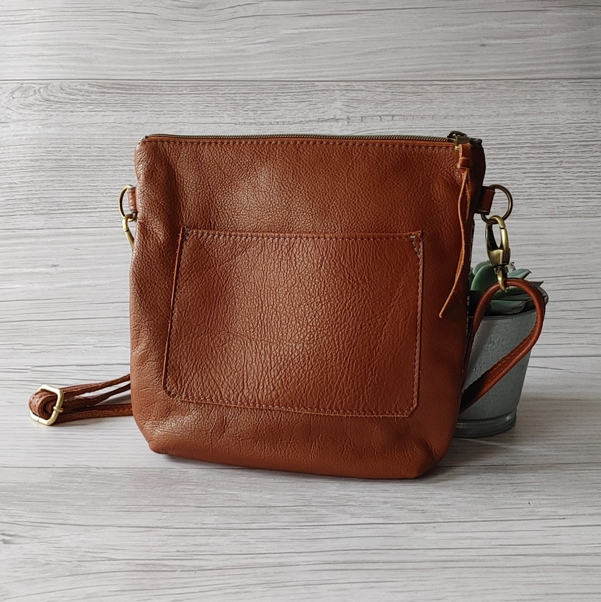 Smaller Sized "Acorn" Crossbody Bag in Leather and Hare Print Fabric