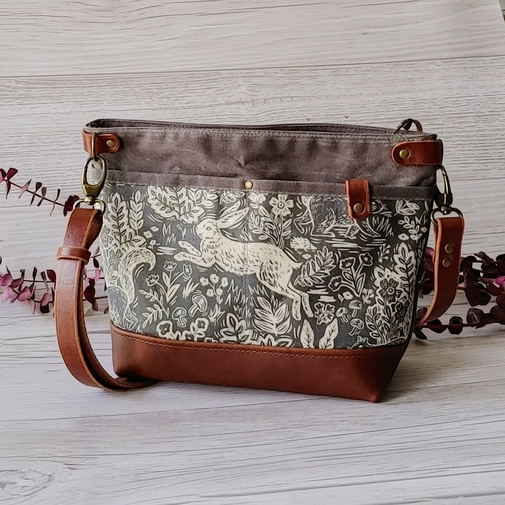 Starling Handbag in Leather and Waxed Canvas with Forest Fable Rabbit Print Panel