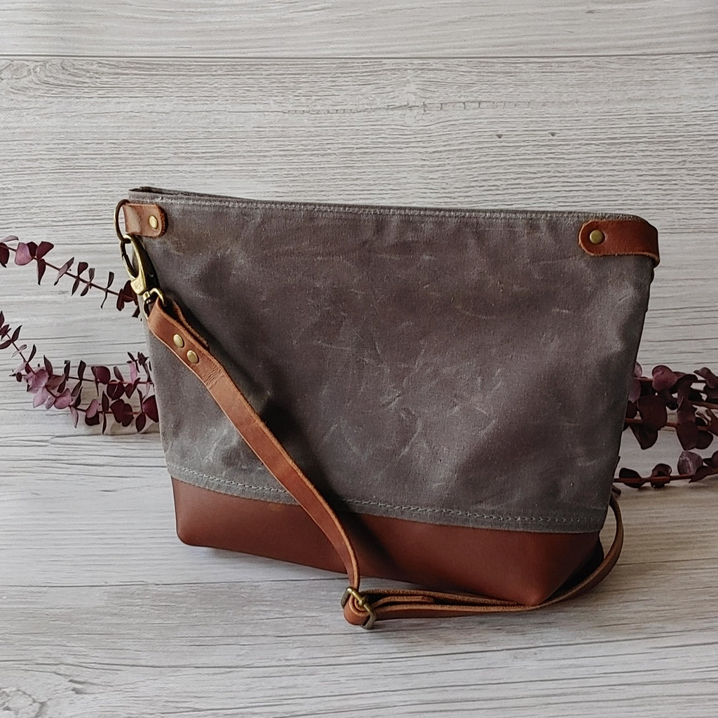 Starling Handbag in Leather and Waxed Canvas with Forest Fable Rabbit Print Panel