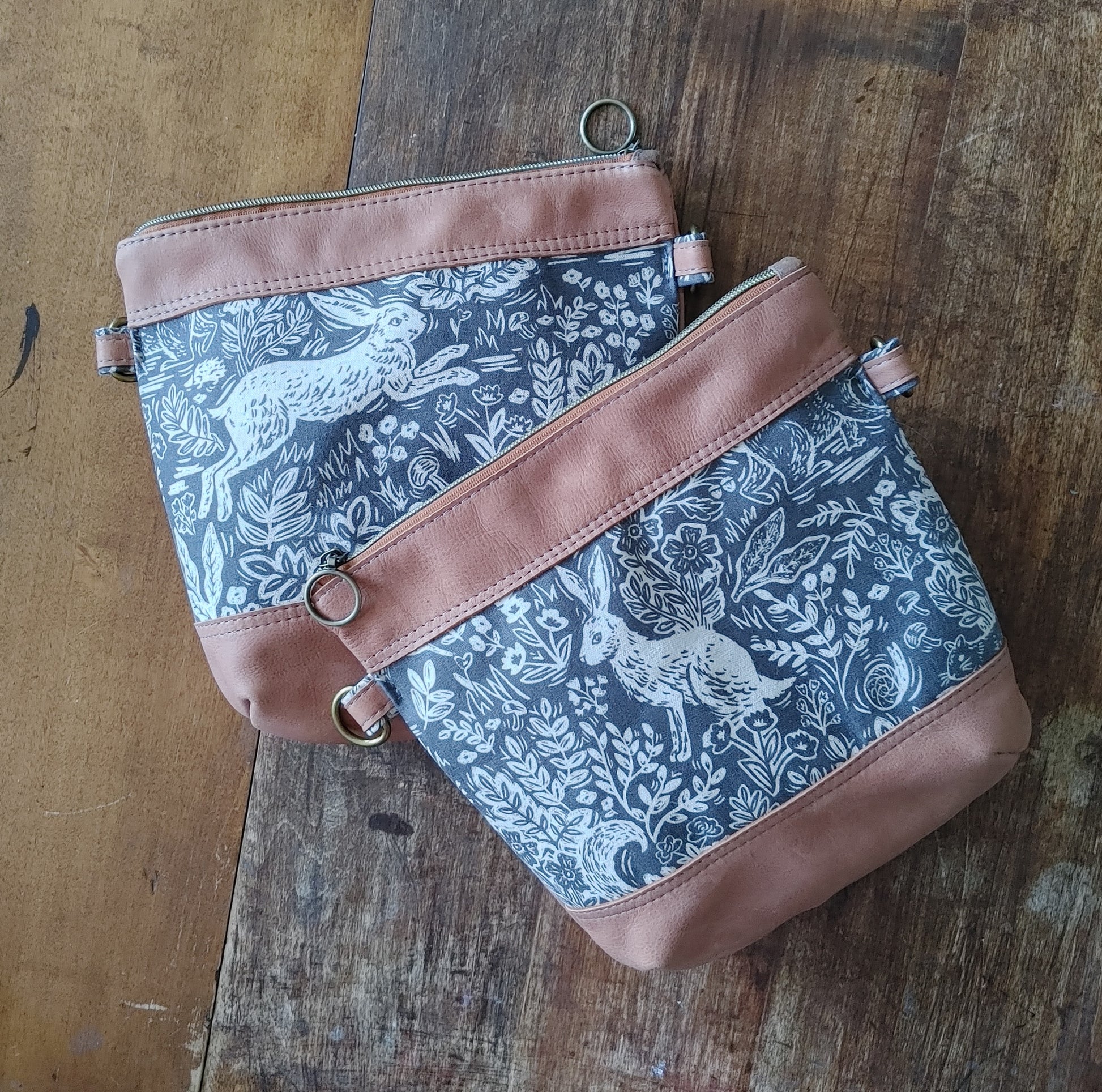 Smaller Sized "Acorn" Crossbody Bag in Leather and Hare Print Fabric