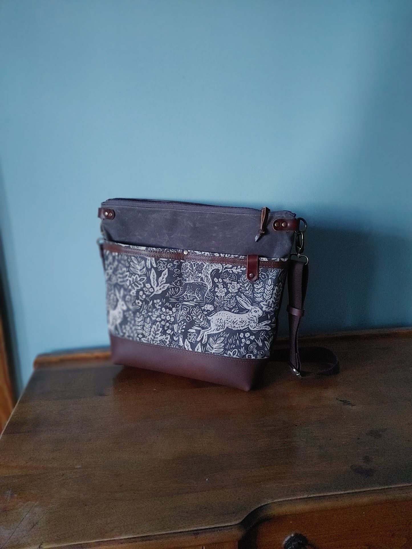 Starling Handbag in Leather and Waxed Canvas with Floral