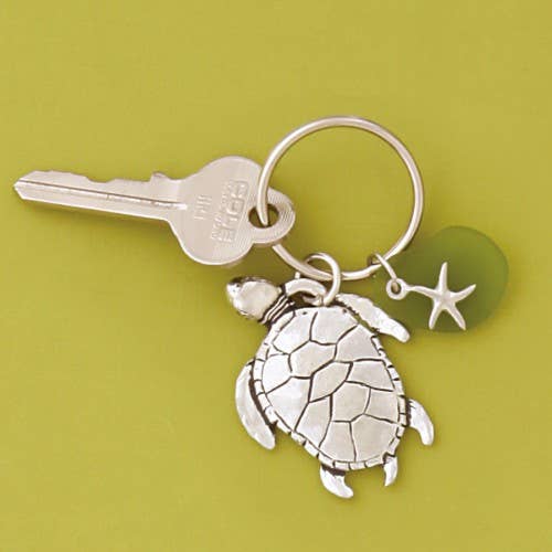 Pewter Keychain- Turtle w/Green Seaglass